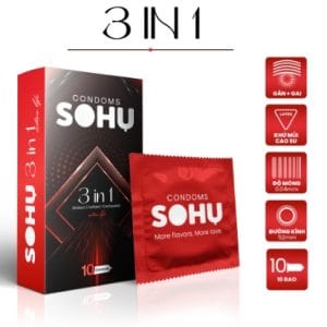 Bao Cao Su SOHU 3in1 Có Gân, Gai, Cổ Thắt Vừa Vặn, Kéo Dài Thời Gian