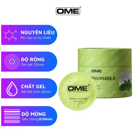Bao cao su OME INVISIBLE size 52mm siêu mỏng gel lạnh, hương bạc hà-1