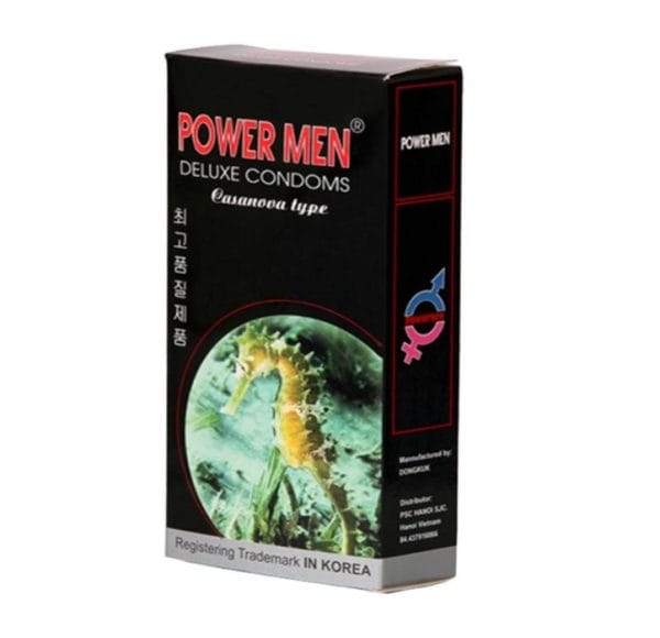 Bao cao su POWER MEN siêu mỏng chứa 5% Benzocain kéo dài thời gian POWER MEN LONGSHOCK cá ngựa đen hộp 12-2