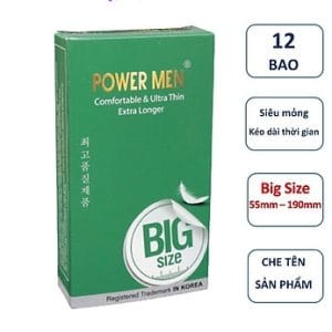 Bao cao su Power men Comfortable Ultra thin longer siêu mỏng trơn size lớn 55mm chứa 5% benzocain kéo dài thời gian 12c