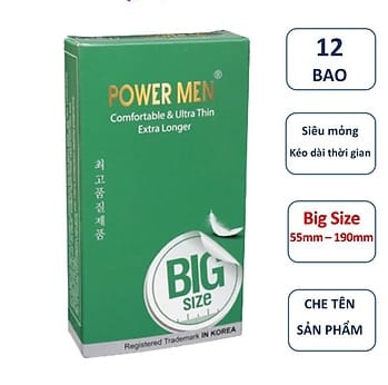 Bao cao su Power men Comfortable Ultra thin longer siêu mỏng trơn size lớn 55mm chứa 5% benzocain kéo dài thời gian 12c-1