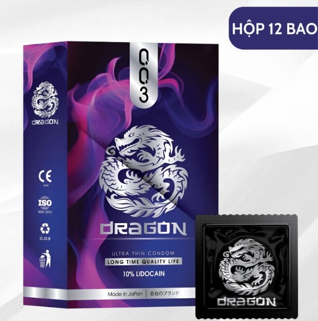 Bao Cao Su Dragon 003 Siêu Mỏng,gai nổi, 10% Lidocain kéo dài thời gian-hộp 10c-2