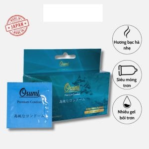 Bao cao su Osumi Xanh Nhật siêu mỏng trơn hương bạc hà nhiều gel bôi trơn size 52mm-Hộp 12c