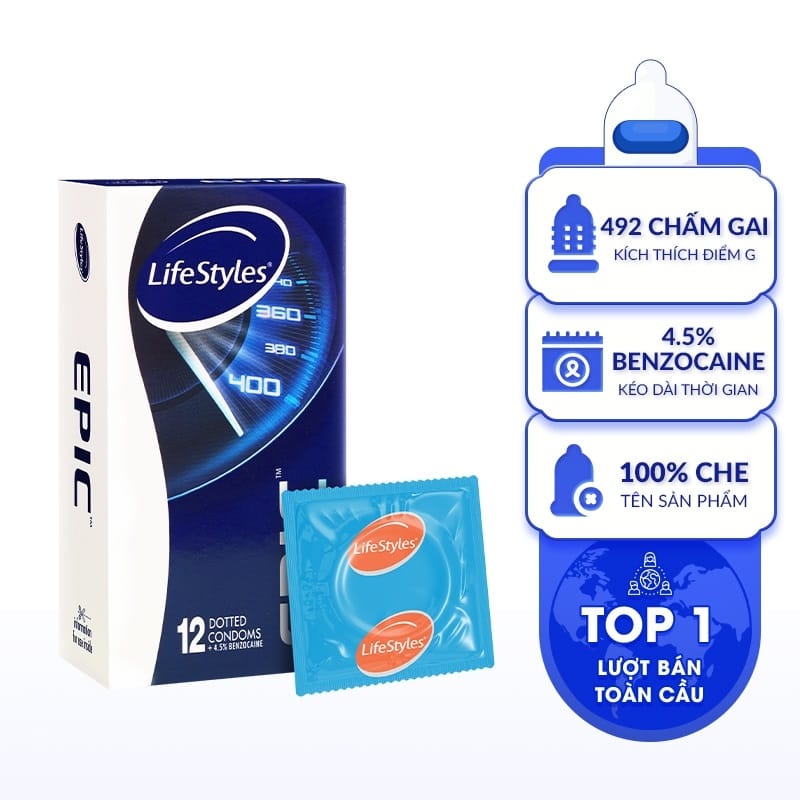 Bao cao su kéo dài thời gian quan hệ LifeStyles Epic có gai hộp 12