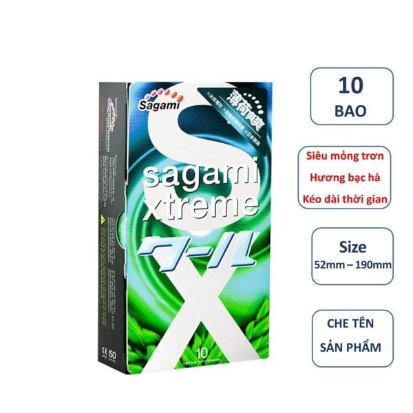 Bao cao su siêu mỏng siêu kéo dài thời gian hương bạc hà Sagami xtreme Spearmint hộp 10-1