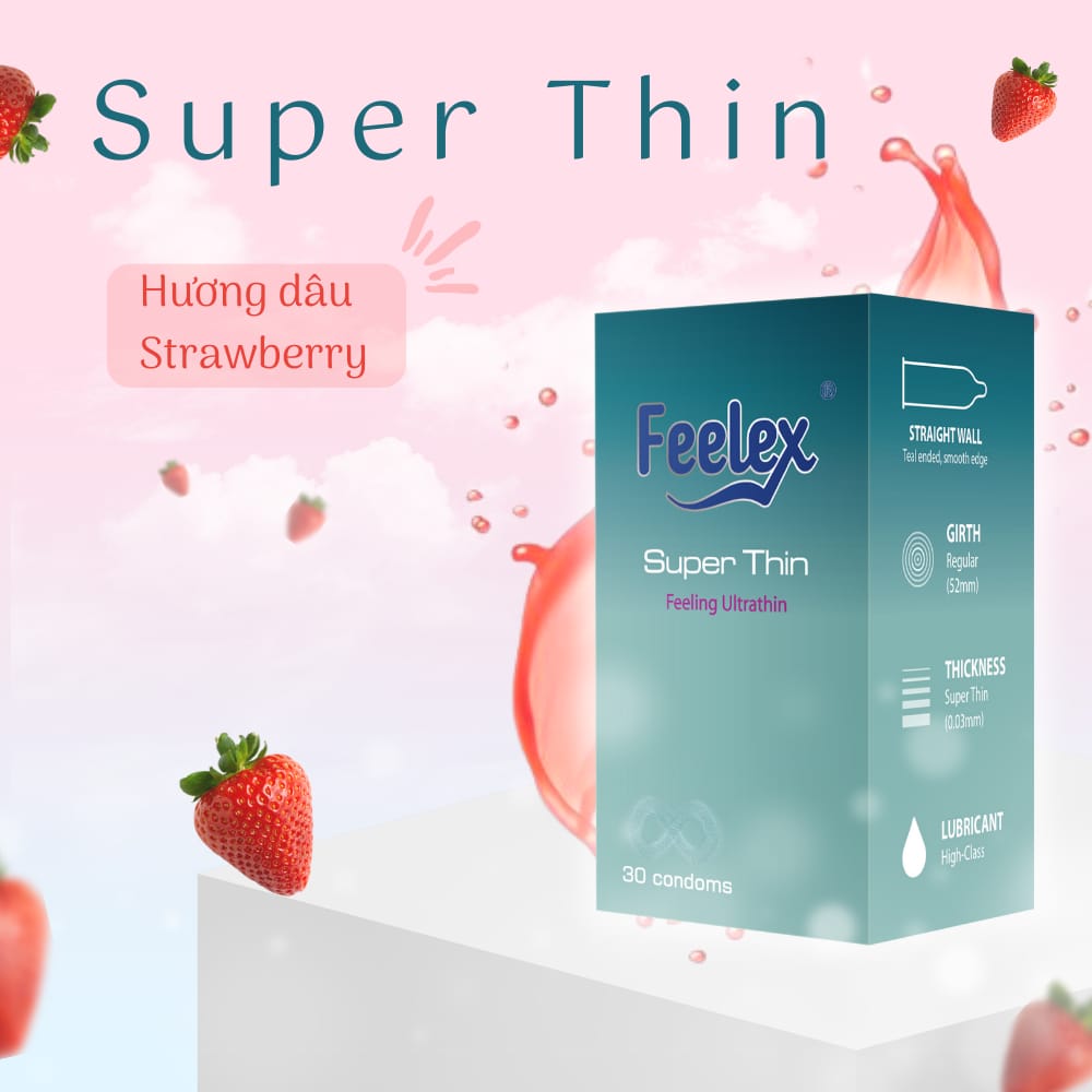 Bao cao su Feelex superthin siêu mỏng, nhiều gel bôi trơn, hương dâu-hộp 30