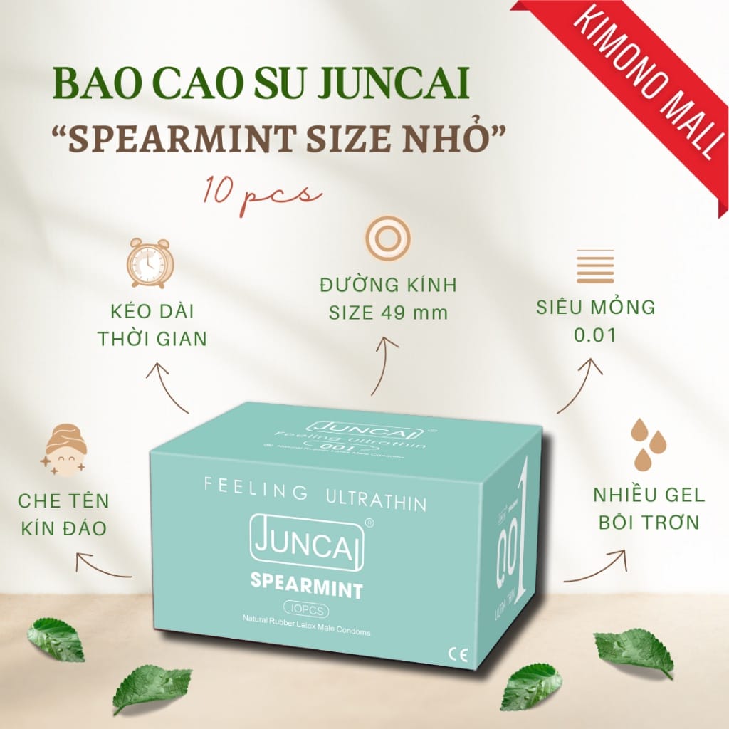 Bao cao su Juncai size nhỏ 49mm Siêu mỏng-Spearmint-Hương bạc hà-Nhiều gel-Hộp 10-2