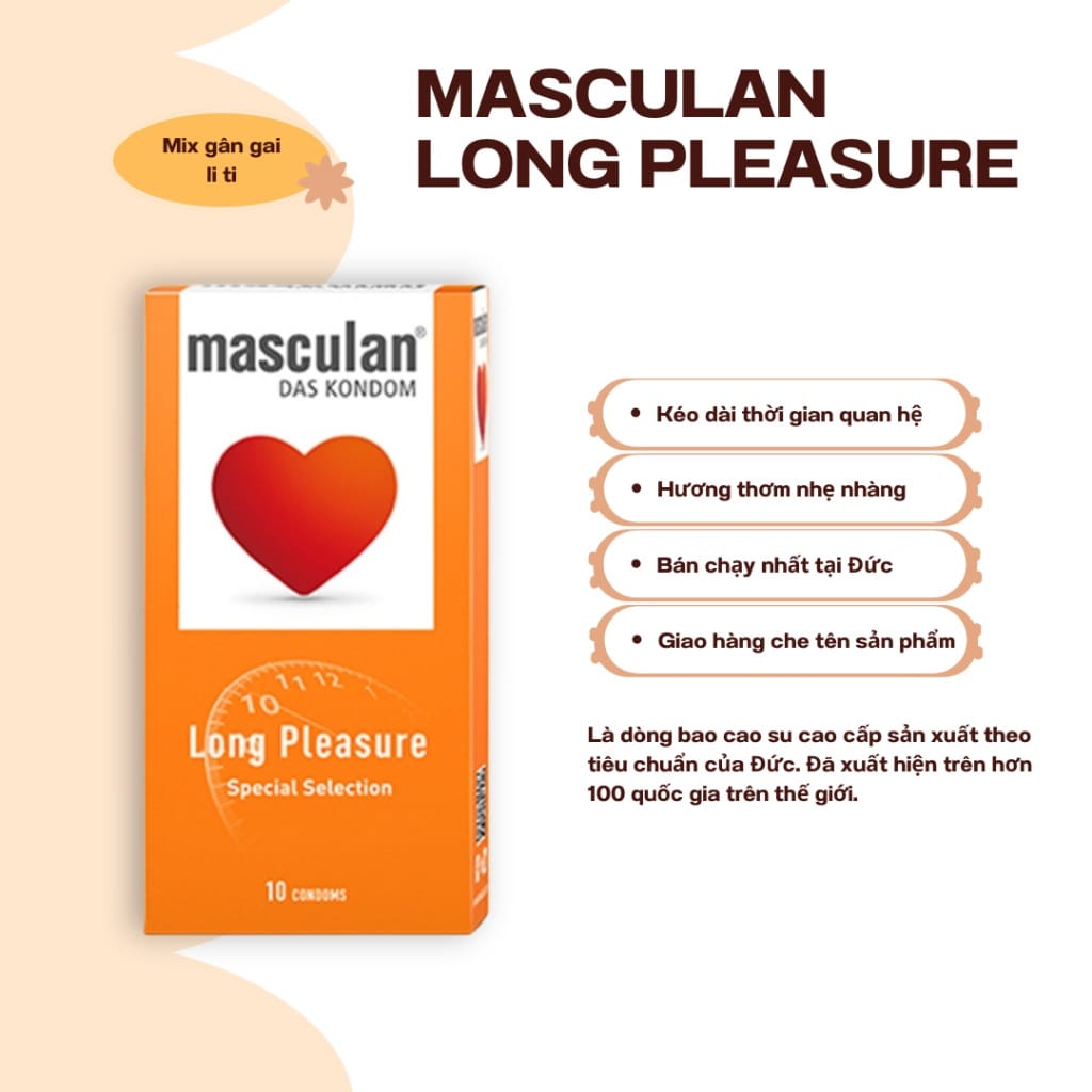 Bao cao su kéo dài thời gian quan hệ Masculan Long Pleasure, có gân gai li ti-hộp 10-2