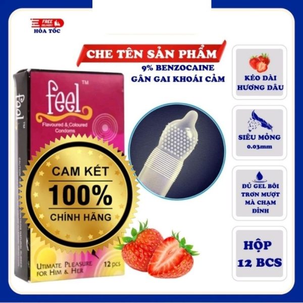 Bao cao su Feel 4 in 1 gân gai kéo dài thời gian hương dâu hộp 12 bao-1