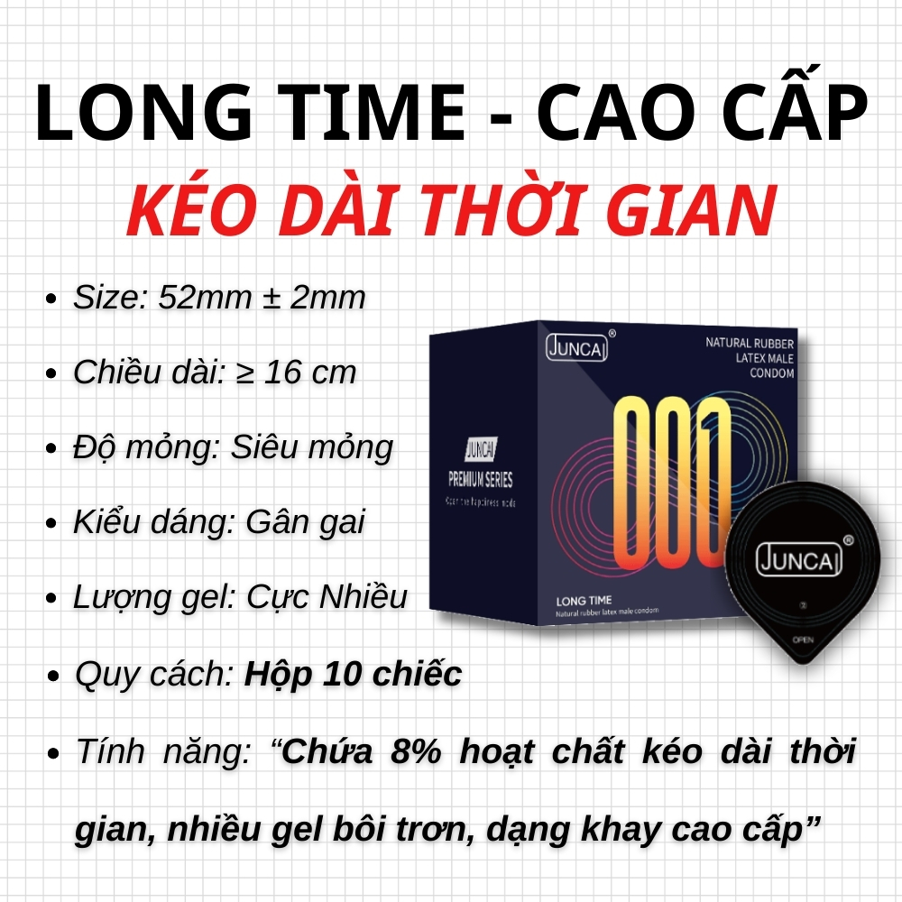 Bao cao su Juncai Long Time kéo dài thời gian quan hệ, siêu mỏng nhiều gel bôi trơn, gân gai cao cấp-Hộp 10c-1
