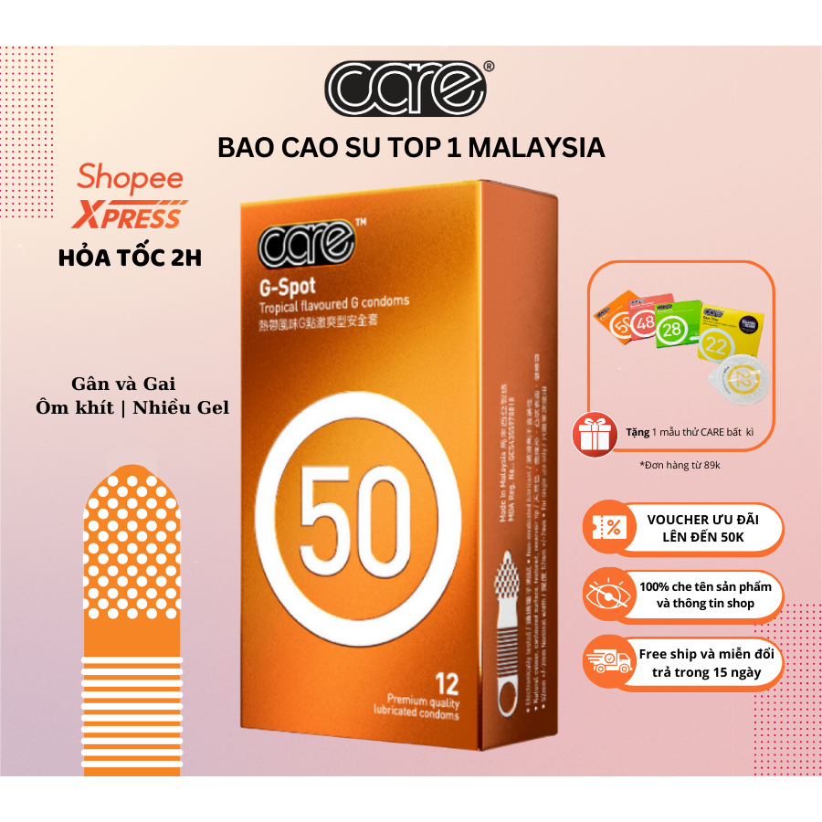 Bao Cao Su Gai Và Gân CARE 50 nhiều gel bôi trơn, mỏng nhiều gel, hương dứa rừng-Hộp 123