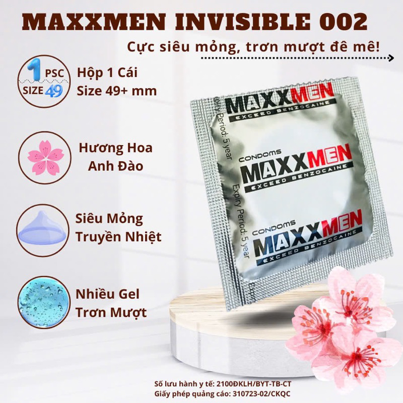 Bao Cao Su Gay MAXXMEN 5in1 Invisible Siêu Mỏng 0.02mm, Hương Đào, Nhiều Gel, Size Nhỏ 49mm (1)