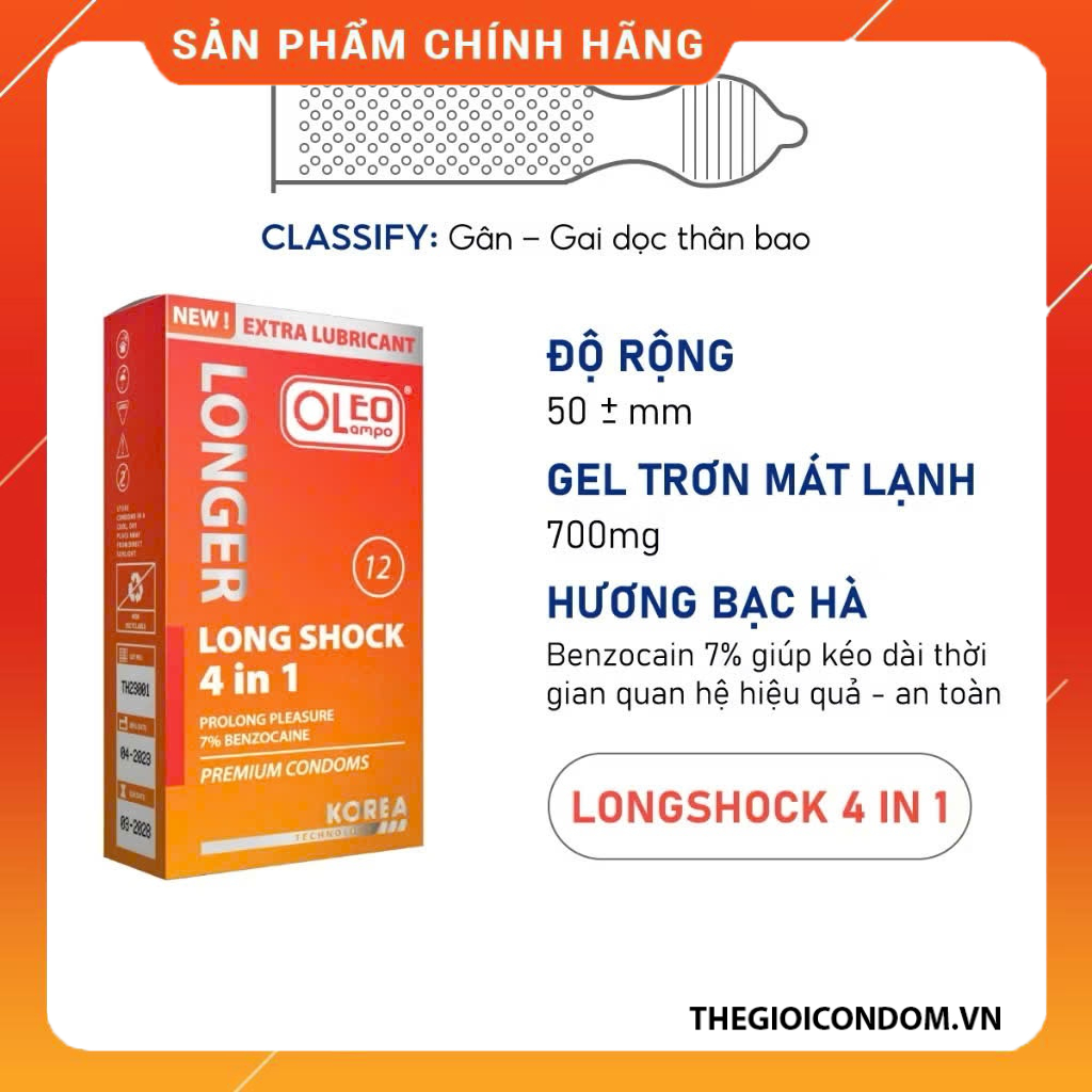 Bao cao su OLEO LAMPO Long Shock 4 in 1 gân gai êm hộp 12 cái chính hãng (2)