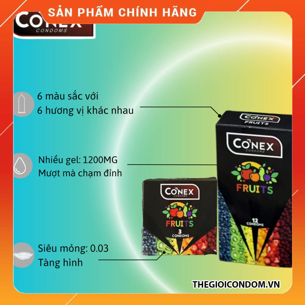 Bao Cao Su Conex Fruits Hương Trái Cây Size 52mm Siêu Mỏng 0.03mm Nhiều Gel Chính Hãng (1)